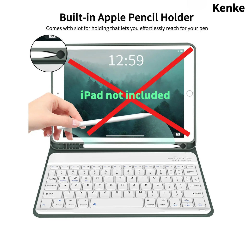 Kenke Bluetooth Keyboard Tablet Case with Pencil Holder - Magnetic Computer Accessory, Multi-Angle Stand, Handheld Protection, Mobile Cells Casing Compatible with Ipad 7Th/8Th/9Th/10Th/11Th Gen, A16 Model, Ipad Air 11-13 In