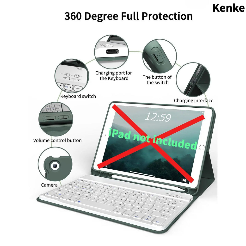 Kenke Bluetooth Keyboard Tablet Case with Pencil Holder - Magnetic Computer Accessory, Multi-Angle Stand, Handheld Protection, Mobile Cells Casing Compatible with Ipad 7Th/8Th/9Th/10Th/11Th Gen, A16 Model, Ipad Air 11-13 In